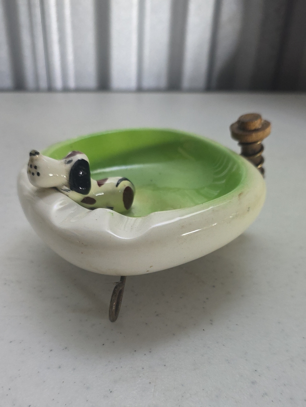 SWANK Green and White Ceramic Dog Ashtray